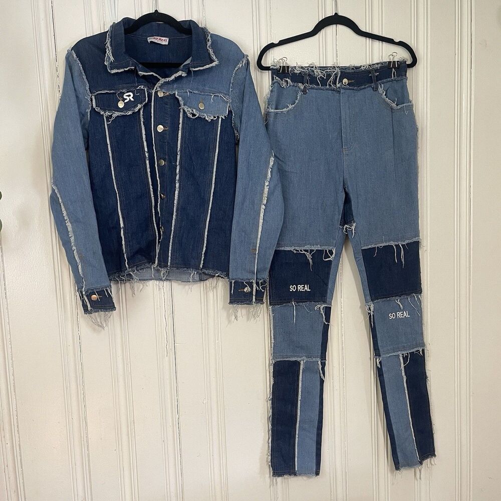 Gsuwdo So Real Women Blue Jean Denim Patchwork Frayed Raw-Edge Jacket Pants Sz S